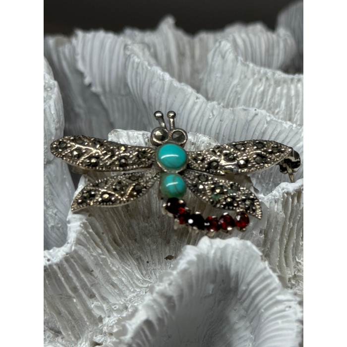 925 STERLING SILVER DRAGONFLY BROOCH TURQUOISE & GARNET LENGTH 1.7 in