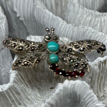 925 Sterling Silver Dragonfly Brooch Turquoise & Garnet Length 1.7 in
