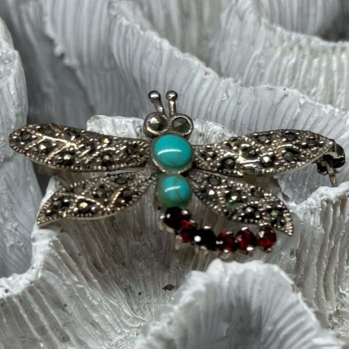 925 Sterling Silver Dragonfly Brooch Turquoise & Garnet Length 1.7 in