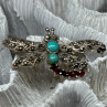 925 Sterling Silver Dragonfly Brooch Turquoise & Garnet Length 1.7 in