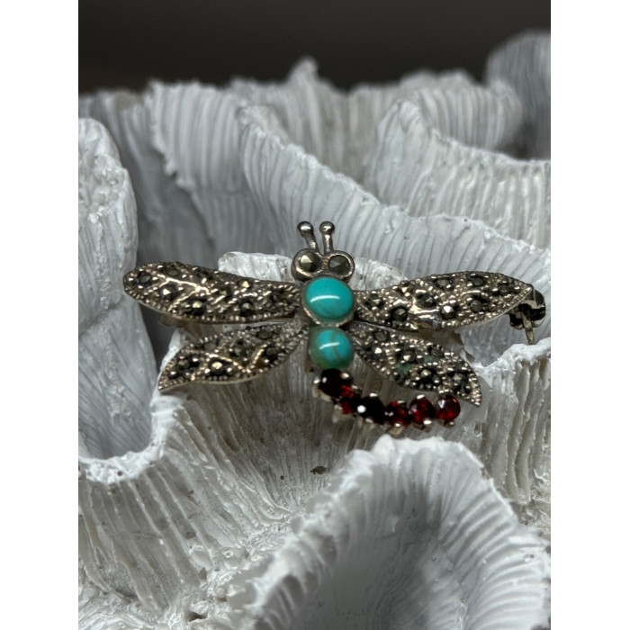 925 STERLING SILVER DRAGONFLY BROOCH TURQUOISE & GARNET LENGTH 1.7 in