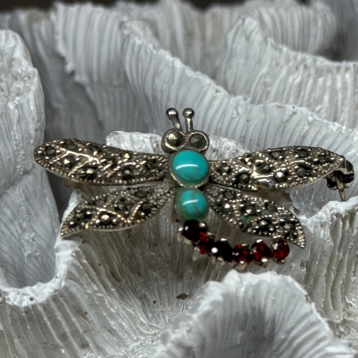 925 Sterling Silver Dragonfly Brooch Turquoise & Garnet Length 1.7 in