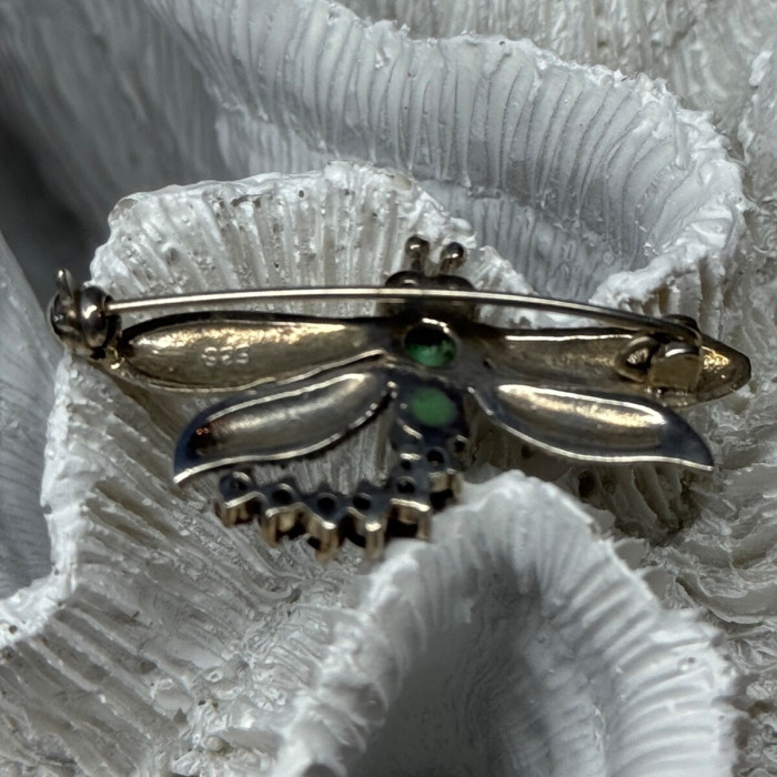 925 Sterling Silver Dragonfly Brooch Turquoise & Garnet Length 1.7 in