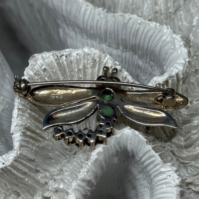 925 Sterling Silver Dragonfly Brooch Turquoise & Garnet Length 1.7 in