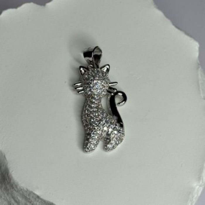 925 Sterling Silver Cat CZ Pendant Length 1.3 Inch