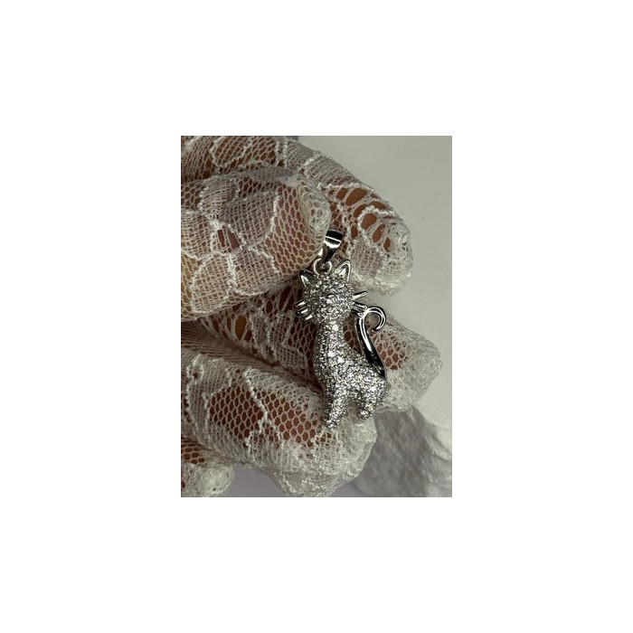 925 Sterling Silver Cat CZ Pendant Length 1.3 Inch