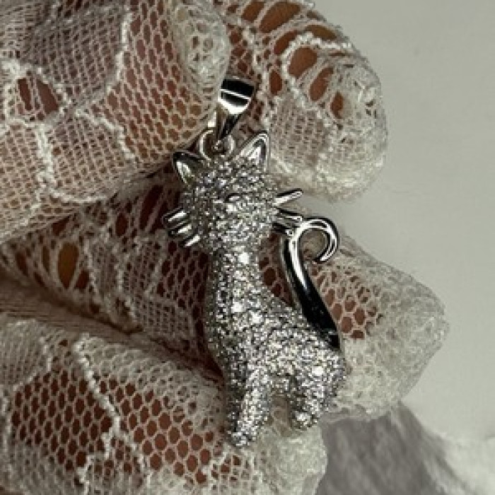 925 Sterling Silver Cat CZ Pendant Length 1.3 Inch