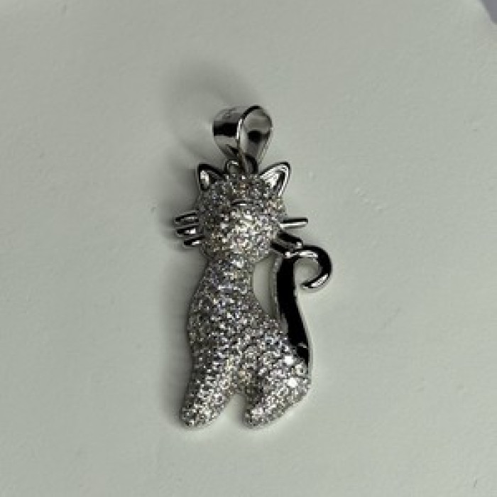 925 Sterling Silver Cat CZ Pendant Length 1.3 Inch