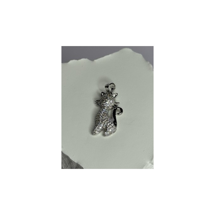 925 Sterling Silver Cat CZ Pendant Length 1.3 Inch