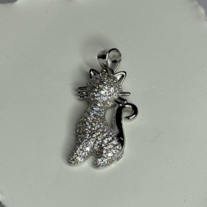 925 Sterling Silver Cat CZ Pendant Length 1.3 Inch