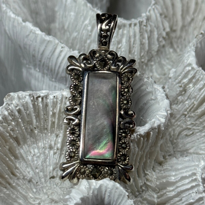 925 Sterling Silver Abalone Pendant Length 1.6 In