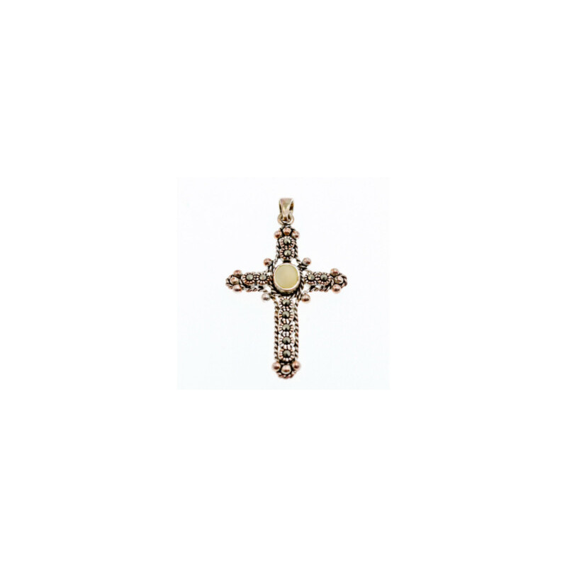 925 Sterling Silver Mother Of Pearl & Marcasites Cross Pendant