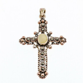 925 Sterling Silver Mother Of Pearl & Marcasites Cross Pendant