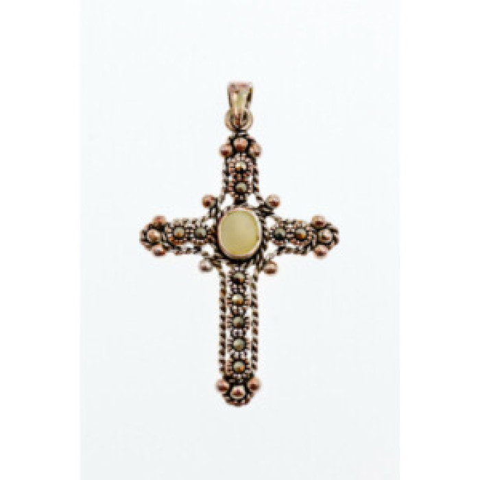 925 Sterling Silver Mother Of Pearl & Marcasites Cross Pendant