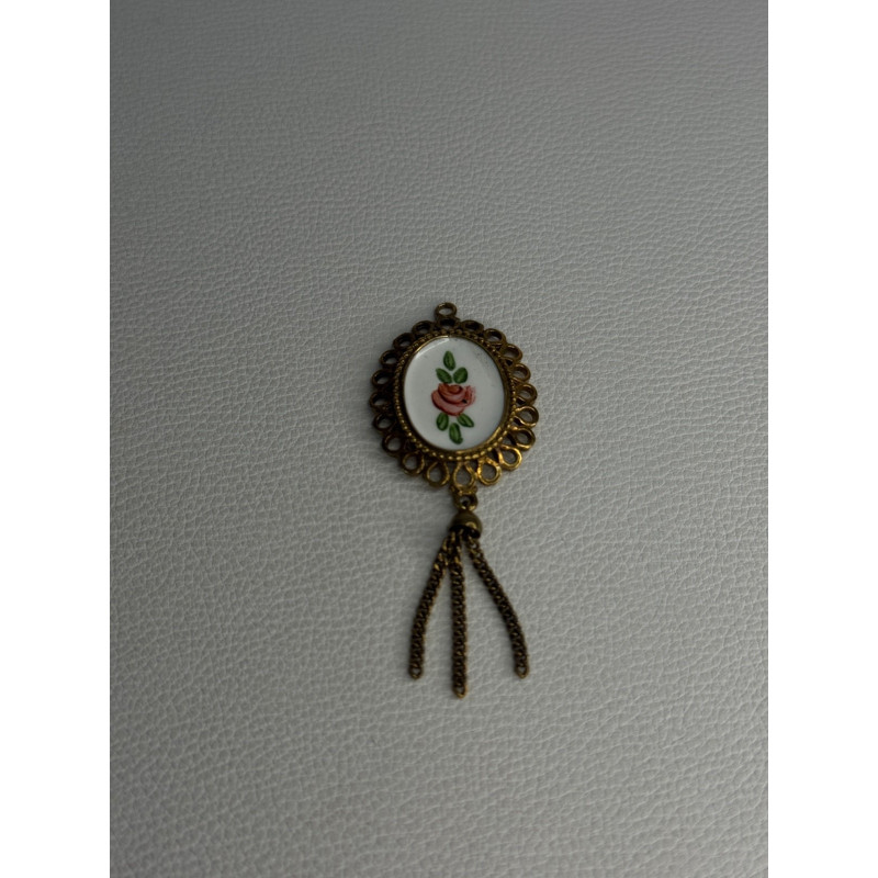 Vintage 925 Sterling Silver Gold Plated Pink Enamel Rose Pendant Length 2.5 Inch