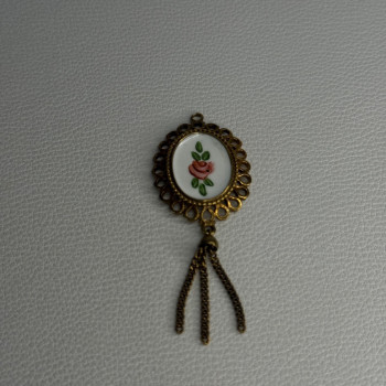 Vintage 925 Sterling Silver Gold Plated Pink Enamel Rose Pendant Length 2.5 Inch