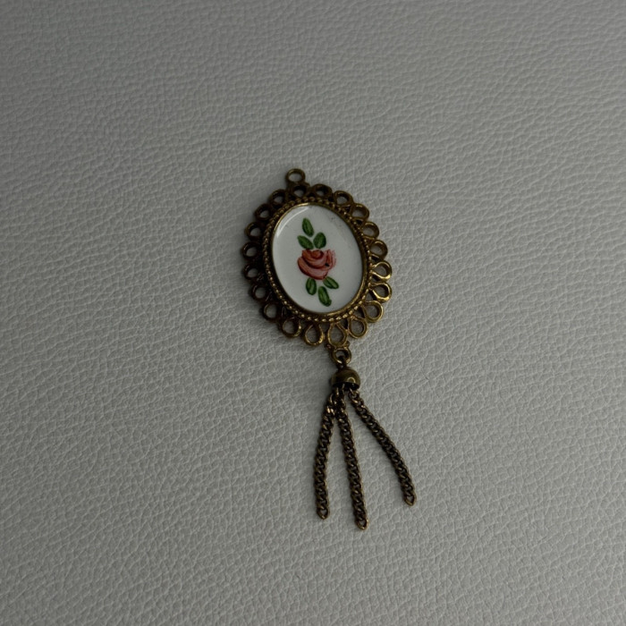 Vintage 925 Sterling Silver Gold Plated Pink Enamel Rose Pendant Length 2.5 Inch