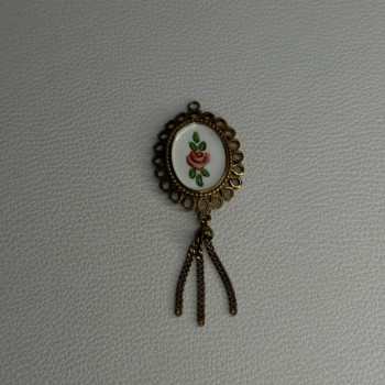 Vintage 925 Sterling Silver Gold Plated Pink Enamel Rose Pendant Length 2.5 Inch