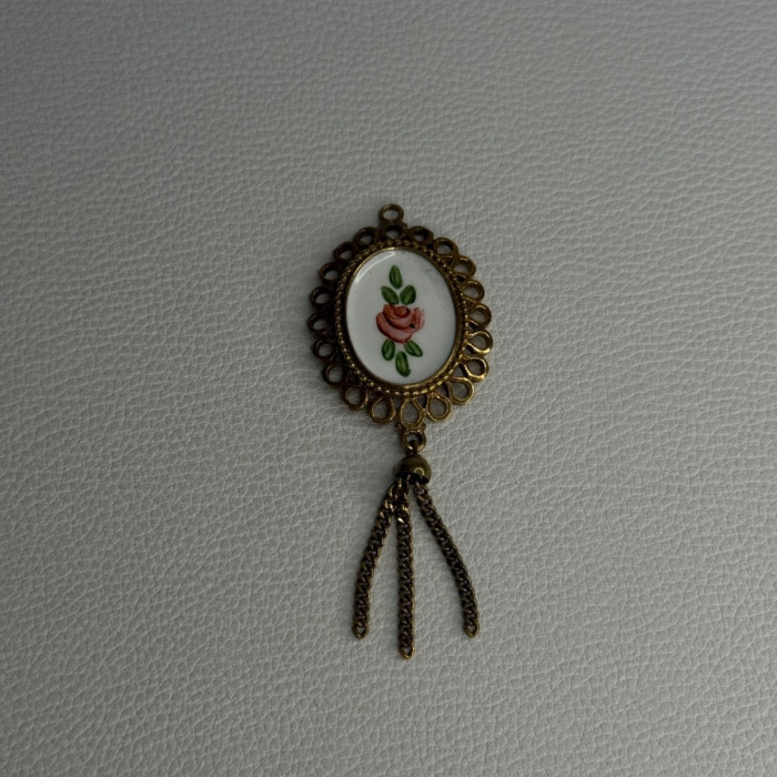 Vintage 925 Sterling Silver Gold Plated Pink Enamel Rose Pendant Length 2.5 Inch