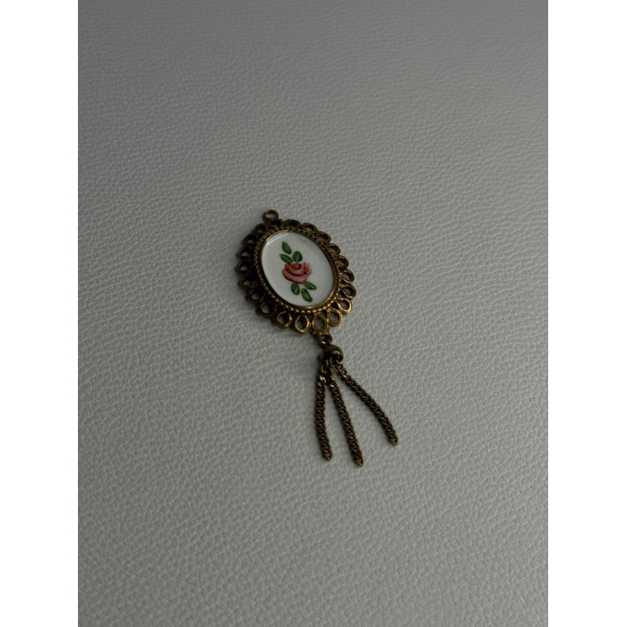 Vintage 925 Sterling Silver Gold Plated Pink Enamel Rose Pendant Length 2.5 Inch