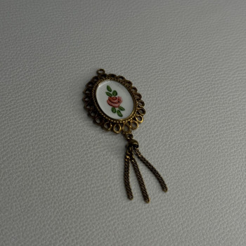 Vintage 925 Sterling Silver Gold Plated Pink Enamel Rose Pendant Length 2.5 Inch