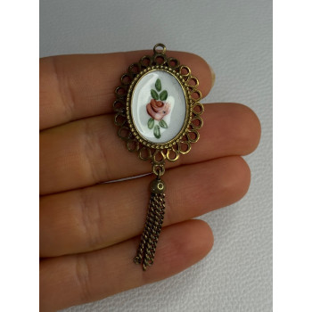 Vintage 925 Sterling Silver Gold Plated Pink Enamel Rose Pendant Length 2.5 Inch