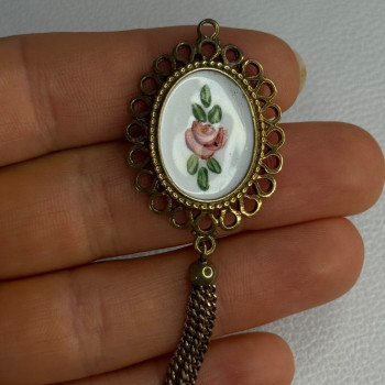 Vintage 925 Sterling Silver Gold Plated Pink Enamel Rose Pendant Length 2.5 Inch