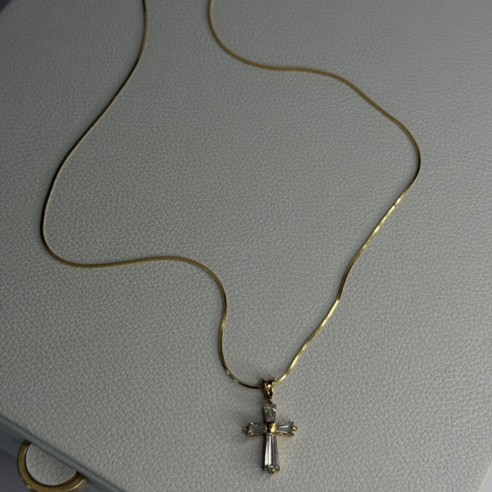 925 Sterling Silver Gold Plated White Topaz Cross Necklace