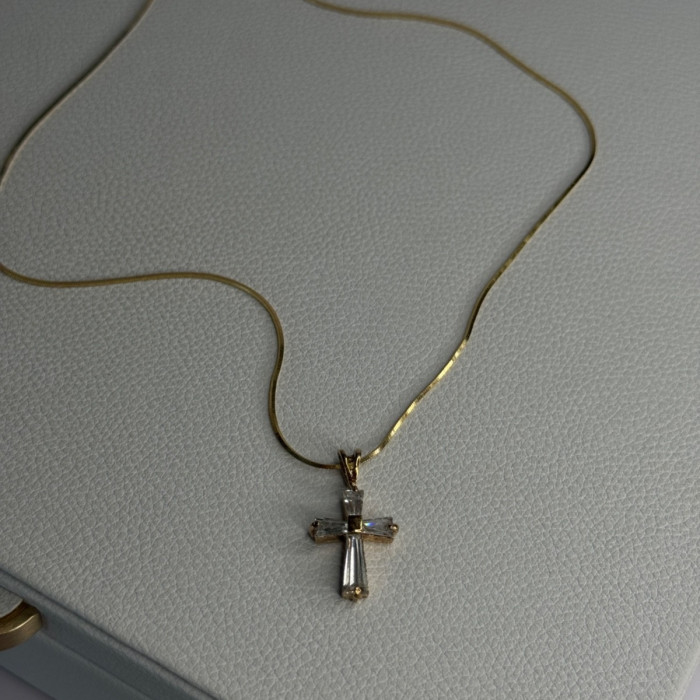 925 Sterling Silver Gold Plated White Topaz Cross Necklace