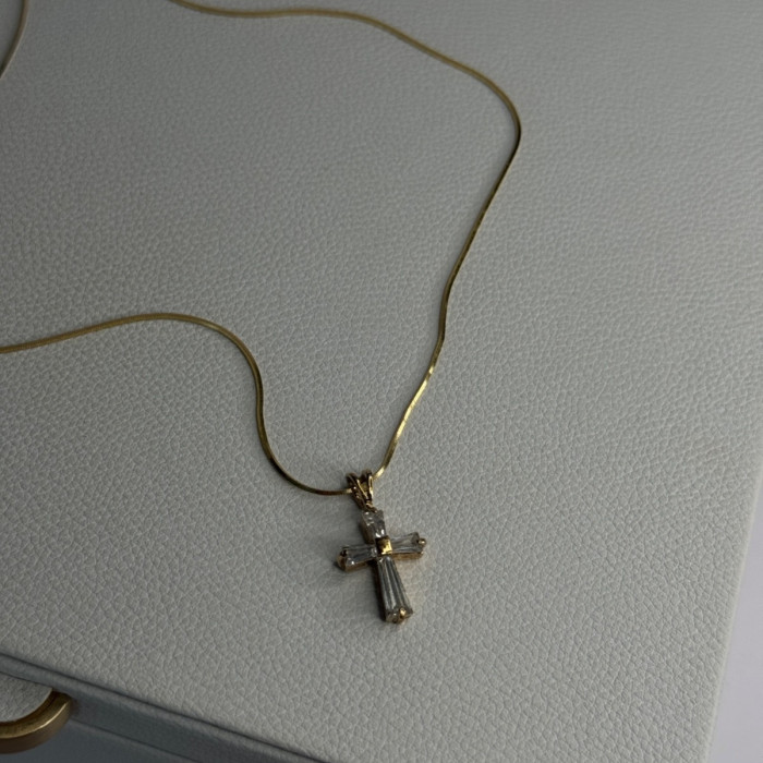 925 Sterling Silver Gold Plated White Topaz Cross Necklace