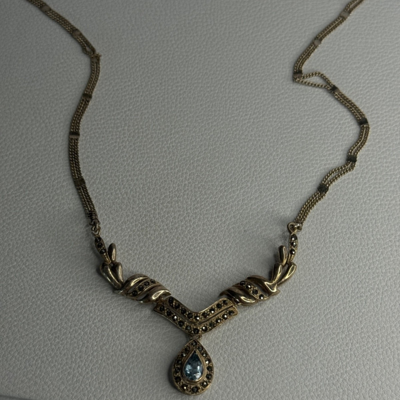Elegant 925 Sterling Silver Blue Topaz & Marcasite Necklace