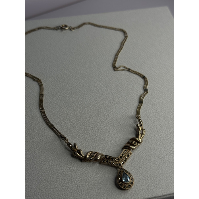 Elegant 925 Sterling Silver Blue Topaz & Marcasite Necklace