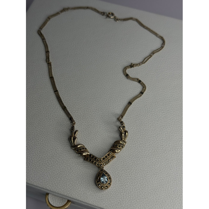 Elegant 925 Sterling Silver Blue Topaz & Marcasite Necklace