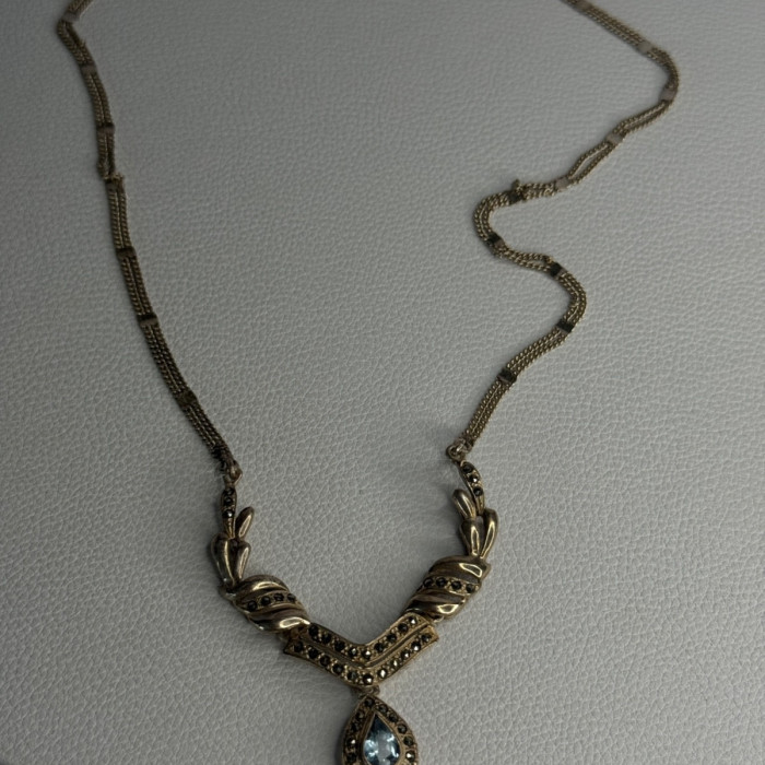 Elegant 925 Sterling Silver Blue Topaz & Marcasite Necklace