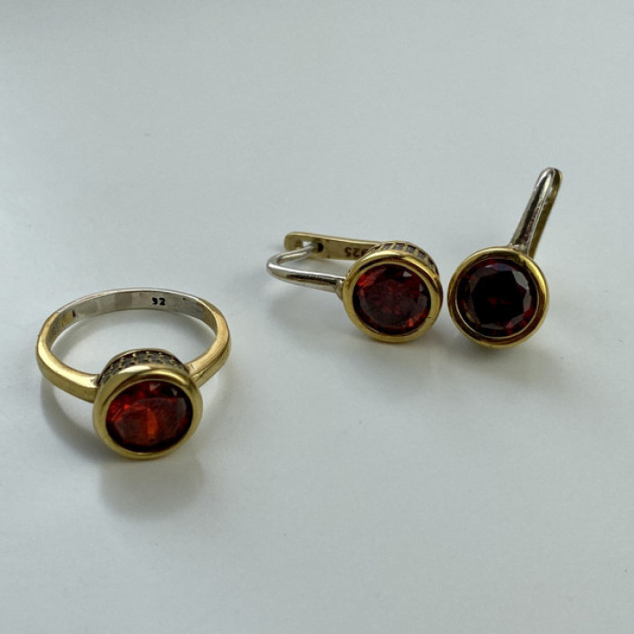 925 Sterling Silver Gold Plated Garnet & CZ Jewelry Set Turkey
