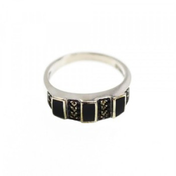 925 Sterling Silver Black Nephrite & Marcasites Ring Size 5.75