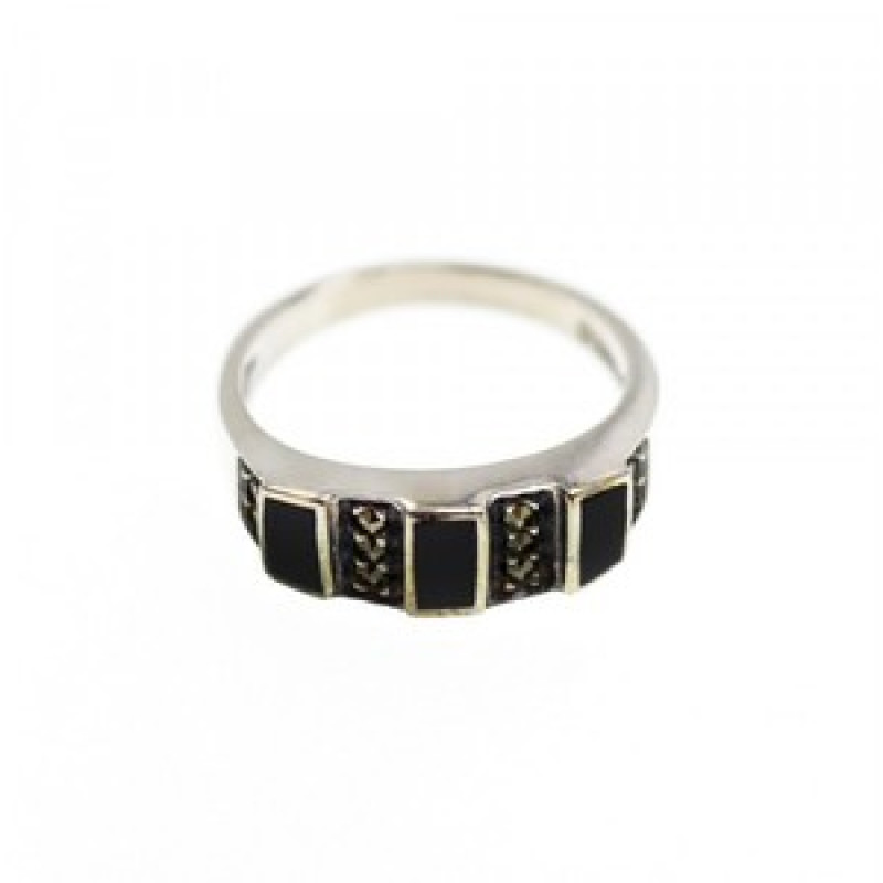 925 Sterling Silver Black Nephrite & Marcasites Ring Size 5.75