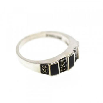 925 Sterling Silver Black Nephrite & Marcasites Ring Size 5.75