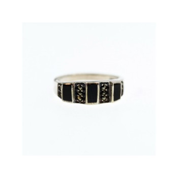 925 Sterling Silver Black Nephrite & Marcasites Ring Size 5.75