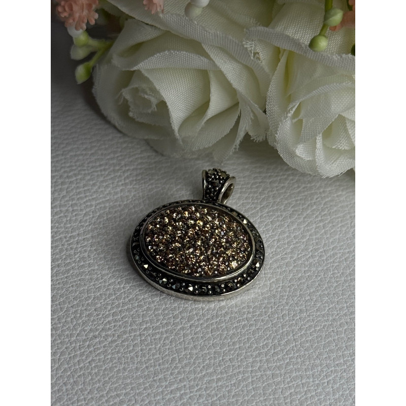 Elegant 925 Sterling Silver Citrine & Marcasite Pendant Length 1.10 Inch