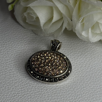 Elegant 925 Sterling Silver Citrine & Marcasite Pendant Length 1.10 Inch
