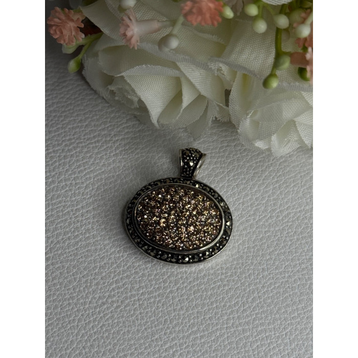 Elegant 925 Sterling Silver Citrine & Marcasite Pendant Length 1.10 Inch