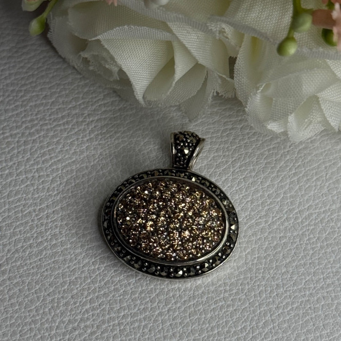 Elegant 925 Sterling Silver Citrine & Marcasite Pendant Length 1.10 Inch