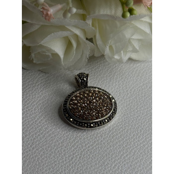 Elegant 925 Sterling Silver Citrine & Marcasite Pendant Length 1.10 Inch
