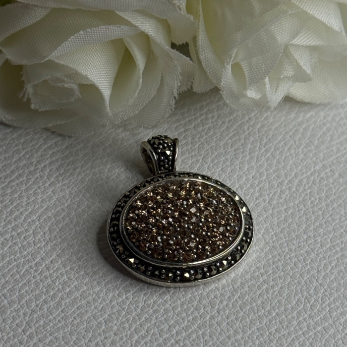 Elegant 925 Sterling Silver Citrine & Marcasite Pendant Length 1.10 Inch