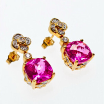 925 Sterling Silver Gold Plated Pink Topaz & CZ Stud Earrings