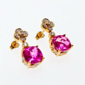 925 Sterling Silver Gold Plated Pink Topaz & CZ Stud Earrings