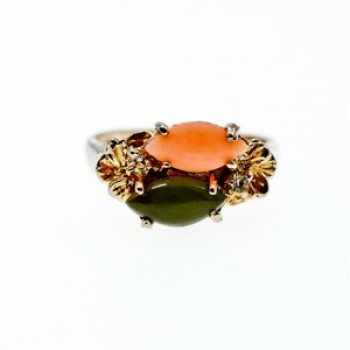 925 Sterling Silver Gold Plated Nephrite, Agate & Goshenite Ring Size 8