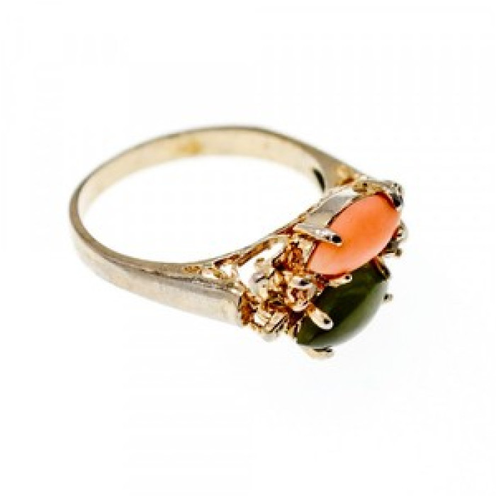 925 Sterling Silver Gold Plated Nephrite, Agate & Goshenite Ring Size 8