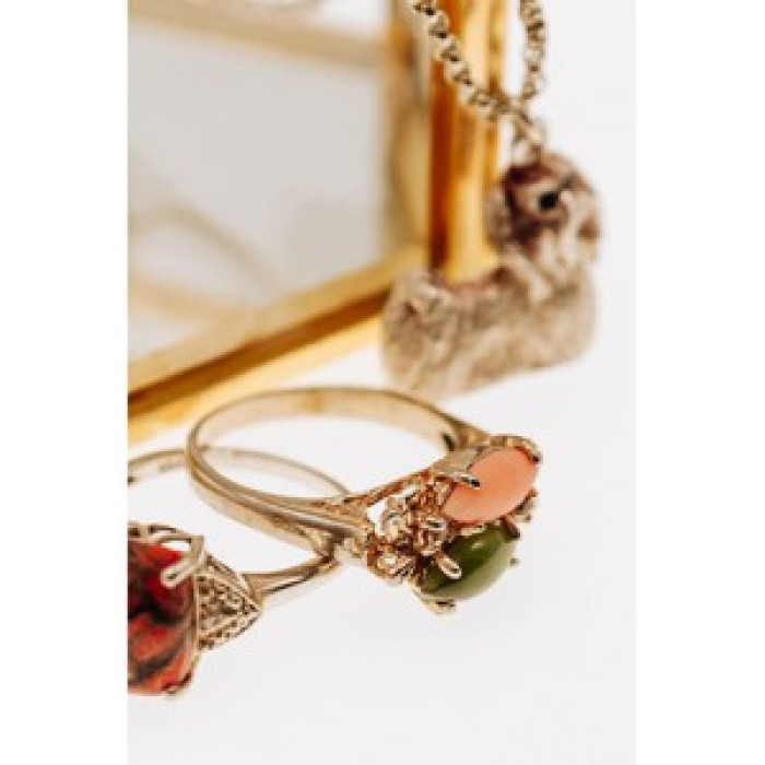 925 Sterling Silver Gold Plated Nephrite, Agate & Goshenite Ring Size 8